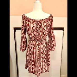 Boho Off Shoulder Dress Red & Cream, Soprano (Valentine’s, Festival, Brunch)